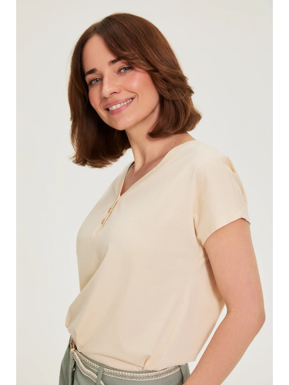 Moodo Bombažna bluza z V-izrezom bež barve Moodo