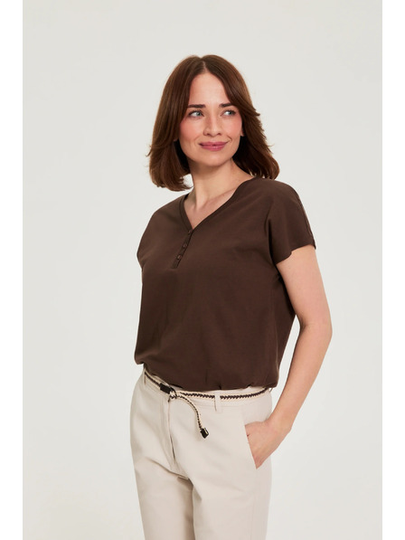Moodo Bombažna majica z V-izrezom rjave barve Moodo