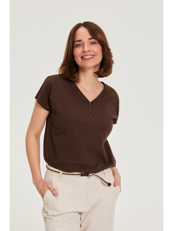 Moodo Bombažna majica z V-izrezom rjave barve Moodo