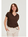 Moodo Bombažna majica z V-izrezom rjave barve Moodo