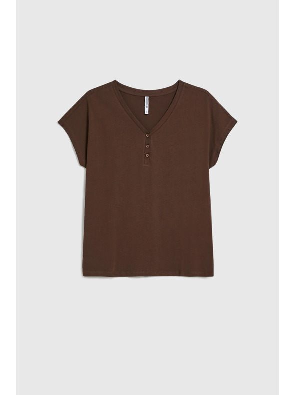 Moodo Bombažna majica z V-izrezom rjave barve Moodo