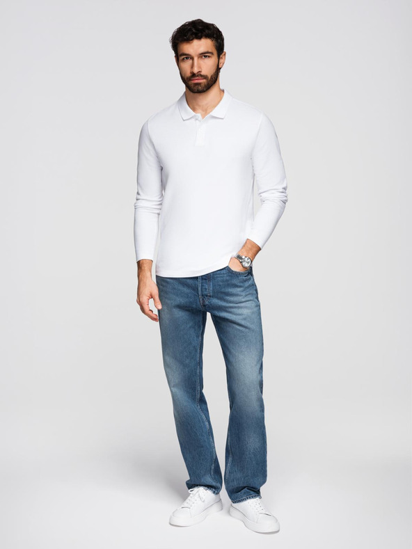 Ombre Clothing Moška majica BASIC z dolgimi rokavi in polo ovratnikom - bela V1 OM-POBL-0162 Ombre Clothing