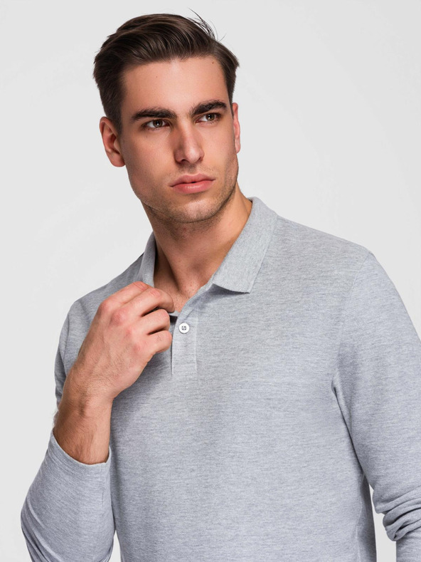 Ombre Clothing Moška majica z dolgimi rokavi in polo ovratnikom BASIC - siva mešanica V4 OM-POBL-0162 Ombre Clothing