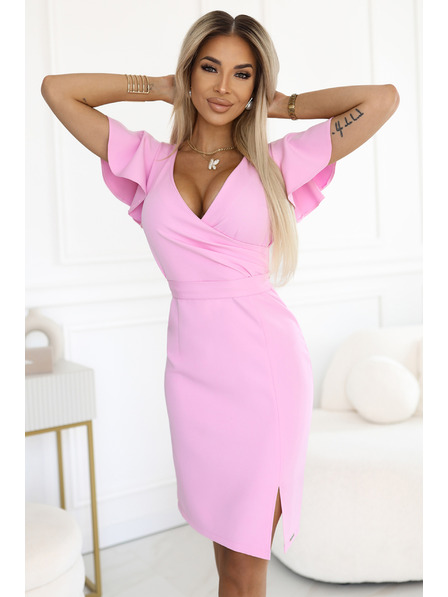 numoco 479-10 NINA elegantne obleke z V-izrezom, rokavi in pasom - sladkorno rožnate