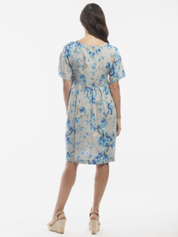 Orientique Modro-siva ženska cvetnična obleka z dodatkom lanu