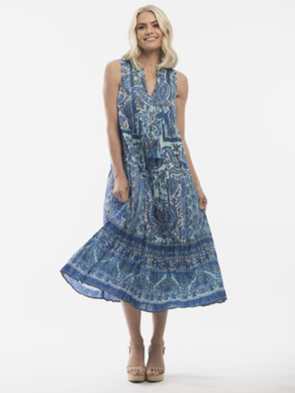 Orientique Modra ženska patternirana midi obleka