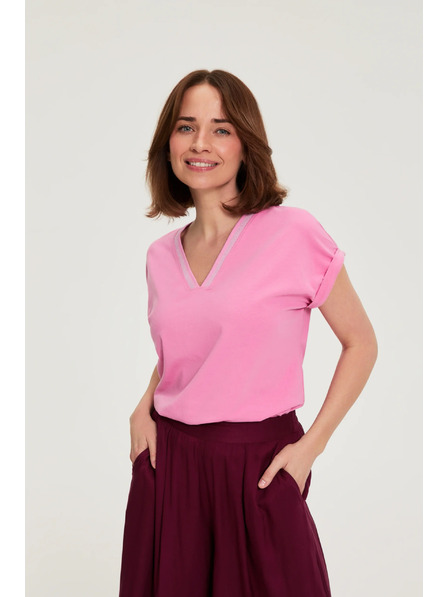 Moodo Bombažna majica z V izrezom rožnata Moodo