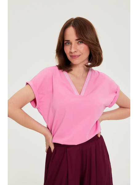 Moodo Bombažna majica z V izrezom rožnata Moodo