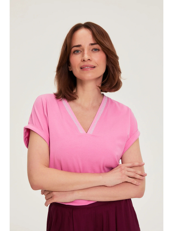 Moodo Bombažna majica z V izrezom rožnata Moodo