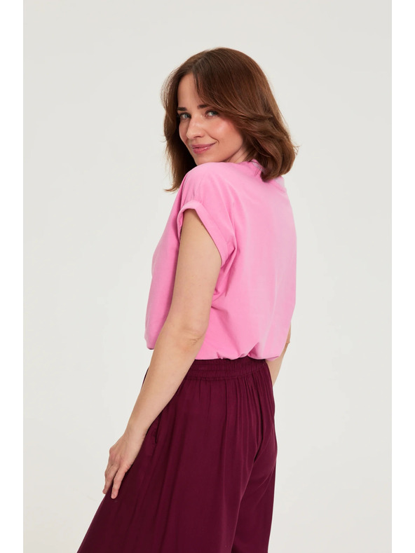 Moodo Bombažna majica z V izrezom rožnata Moodo