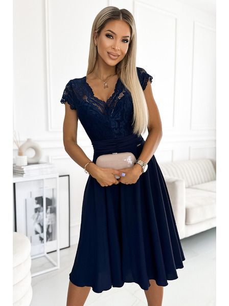 numoco Šifonska obleka s čipkastim izrezom - temno modra Numoco LINDA