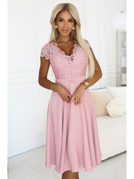 numoco Svetlo rožnate šifon obleke z čipkastim izrezom