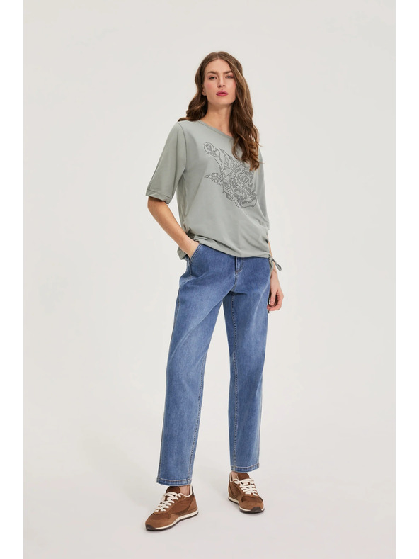 Moodo Bombažna bluza s perlami olivna Moodo