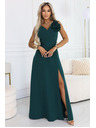numoco Romantična maxi obleka s cvetlico na ramenu in razporkom - steklenica zelena