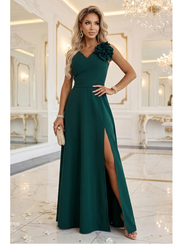 numoco Romantična maxi obleka s cvetlico na ramenu in razporkom - steklenica zelena