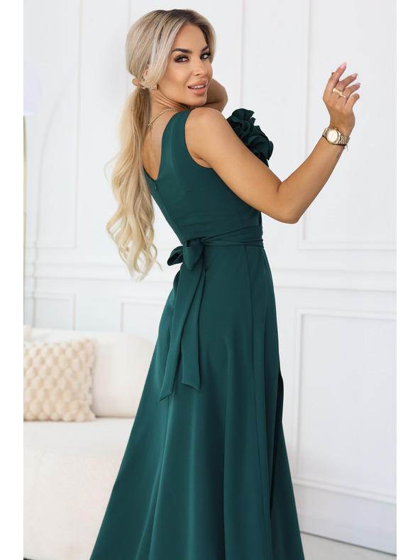 numoco Romantična maxi obleka s cvetlico na ramenu in razporkom - steklenica zelena