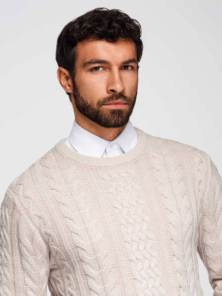 Ombre Clothing Eleganten moški pulover z zanimivo vezavo - ekru V1 OM-SWSW-0173 Ombre Clothing