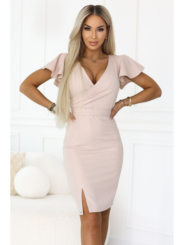 numoco NINA Elegantne obleke z ovratnim izrezom, rokavi in paskom - bež z bleščečim učinkom