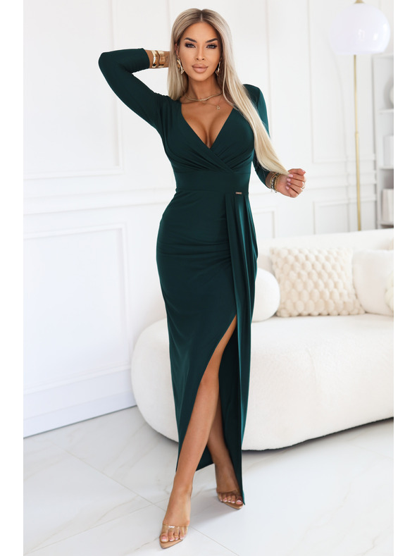 numoco Elegantne dolge obleke z ovojnim izrezom in razporkom - temno zelena