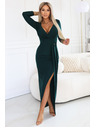 numoco Elegantne dolge obleke z ovojnim izrezom in razporkom - temno zelena