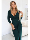 numoco Elegantne dolge obleke z ovojnim izrezom in razporkom - temno zelena