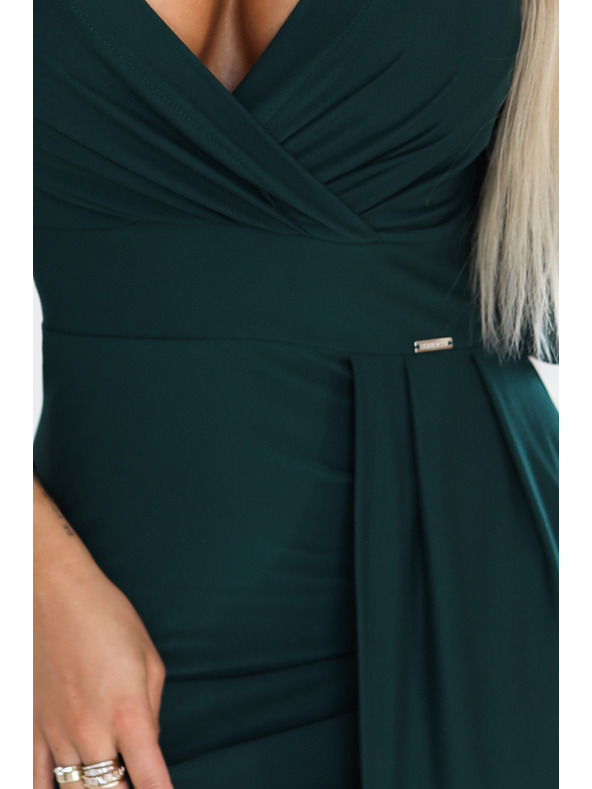 numoco Elegantne dolge obleke z ovojnim izrezom in razporkom - temno zelena