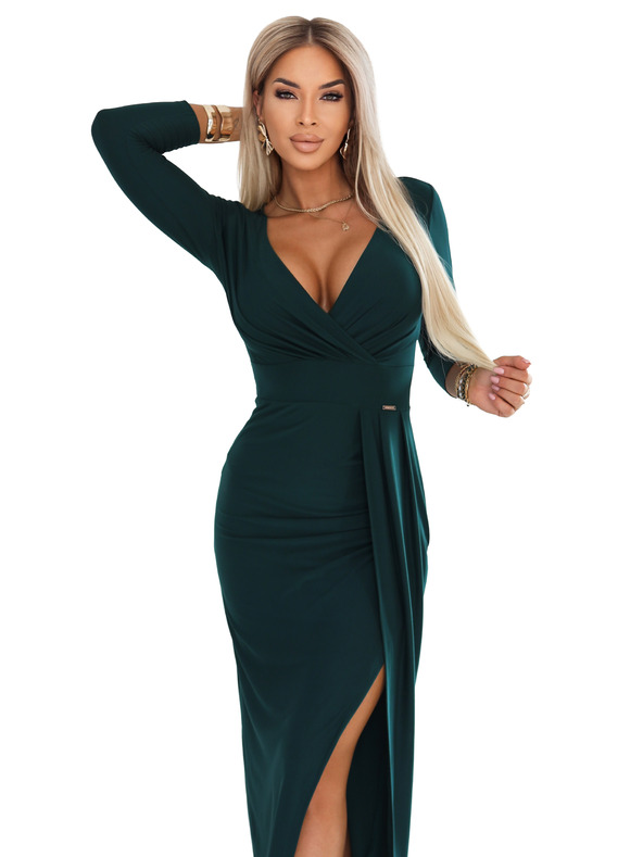 numoco Elegantne dolge obleke z ovojnim izrezom in razporkom - temno zelena