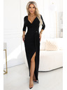 numoco Elegantne dolge šaty z zavihajočim izrezom in razporkom - črne
