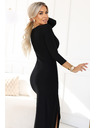 numoco Elegantne dolge šaty z zavihajočim izrezom in razporkom - črne