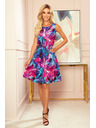 numoco Numoco VICTORIA obleka s trapezom z modrimi in rožnatimi cvetovi