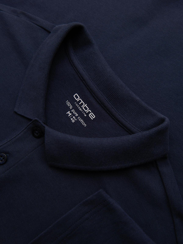 Ombre Clothing Moška majica BASIC z dolgimi rokavi in polo ovratnikom - temno modra V3 OM-POBL-0162 Ombre Clothing