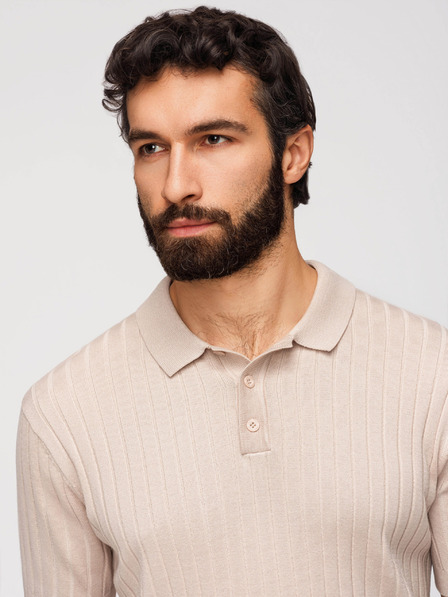 Ombre Clothing Moška polokošulja SLIM FIT iz viskoze z navpičnimi črtami - bež V2 OM-POSS-0169 Ombre Clothing