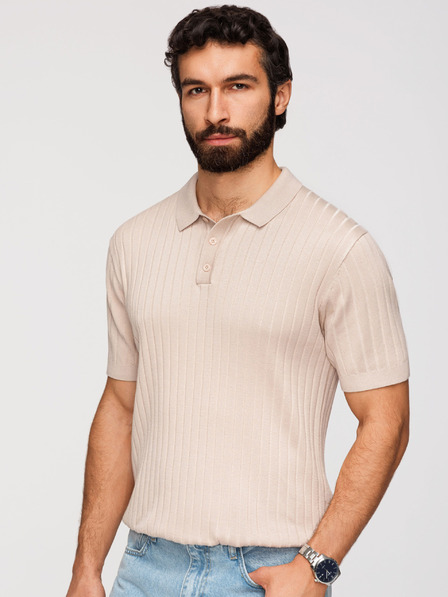 Ombre Clothing Moška polokošulja SLIM FIT iz viskoze z navpičnimi črtami - bež V2 OM-POSS-0169 Ombre Clothing