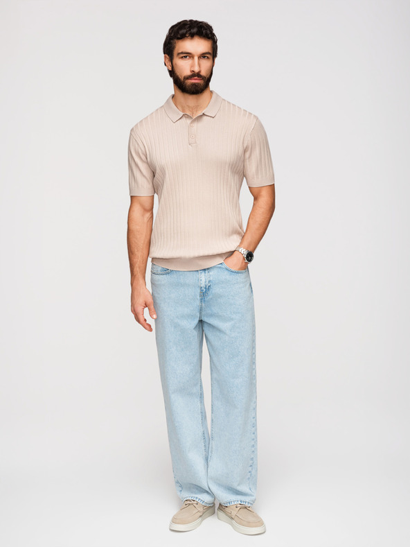 Ombre Clothing Moška polokošulja SLIM FIT iz viskoze z navpičnimi črtami - bež V2 OM-POSS-0169 Ombre Clothing