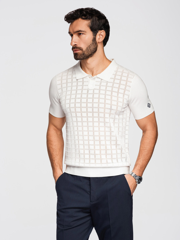 Ombre Clothing Moška viskozna prepletena polokošulja - bela V1 OM-POSS-0168 Ombre Clothing