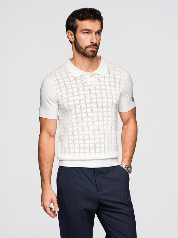 Ombre Clothing Moška viskozna prepletena polokošulja - bela V1 OM-POSS-0168 Ombre Clothing