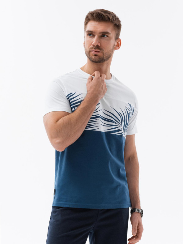 Ombre Clothing Moško dvobarvno majico s potiskom palmovih listov - temno modra V1 OM-TSPT-0177 Ombre Clothing