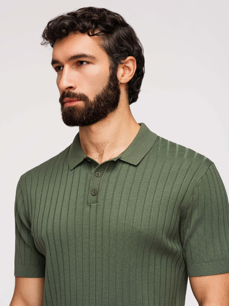Ombre Clothing Moška polokošulja SLIM FIT iz viskoze z navpično rebrastostjo - olivno zelena V4 OM-POSS-0169 Ombre Clothing
