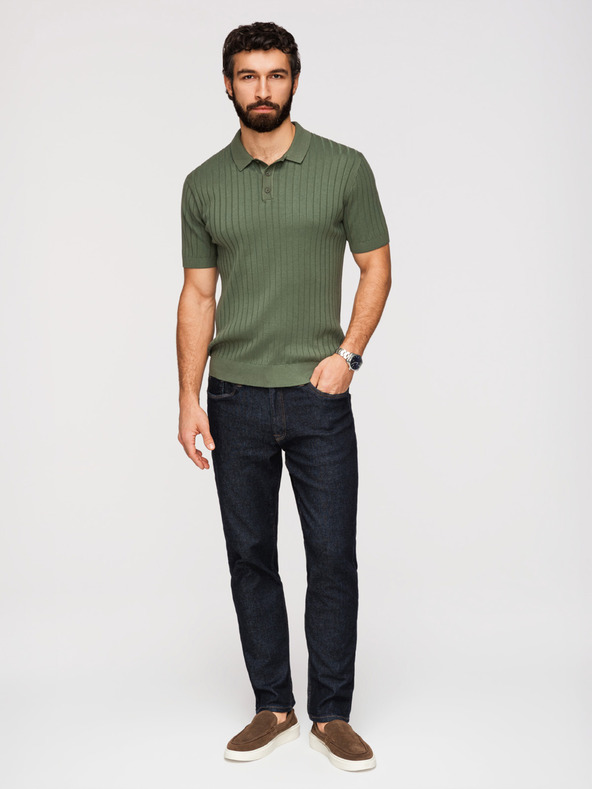 Ombre Clothing Moška polokošulja SLIM FIT iz viskoze z navpično rebrastostjo - olivno zelena V4 OM-POSS-0169 Ombre Clothing