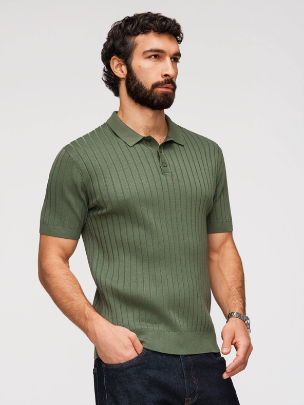 Ombre Clothing Moška polokošulja SLIM FIT iz viskoze z navpično rebrastostjo - olivno zelena V4 OM-POSS-0169 Ombre Clothing
