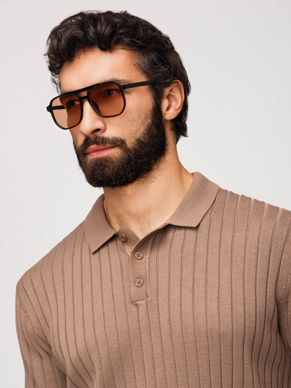 Ombre Clothing Moška polokošulja SLIM FIT iz viskoze z navpičnimi črtami - svetlo rjava V5 OM-POSS-0169 Ombre Clothing