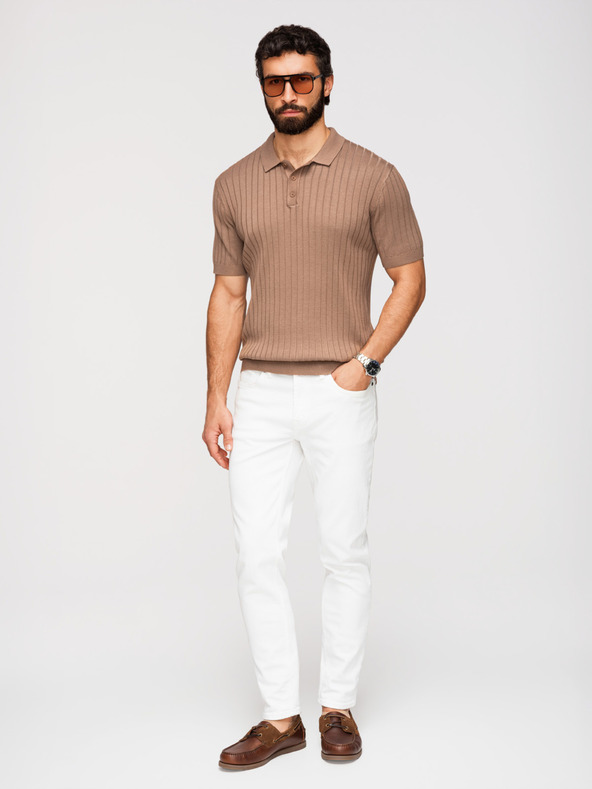 Ombre Clothing Moška polokošulja SLIM FIT iz viskoze z navpičnimi črtami - svetlo rjava V5 OM-POSS-0169 Ombre Clothing