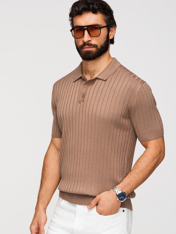 Ombre Clothing Moška polokošulja SLIM FIT iz viskoze z navpičnimi črtami - svetlo rjava V5 OM-POSS-0169 Ombre Clothing