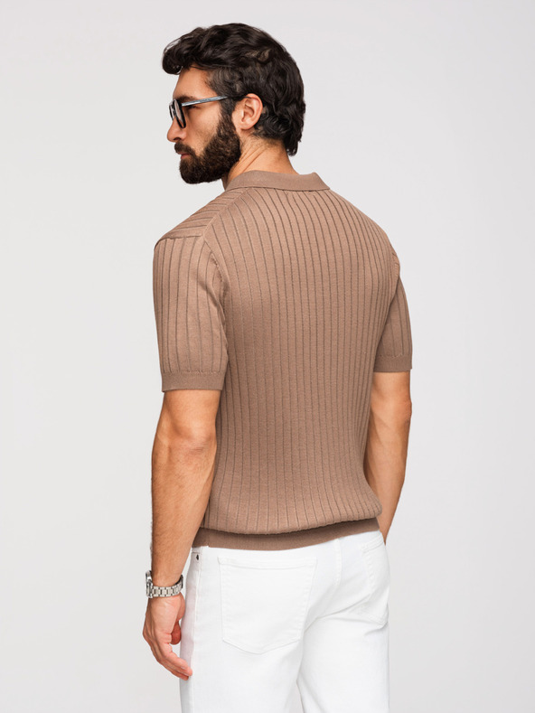 Ombre Clothing Moška polokošulja SLIM FIT iz viskoze z navpičnimi črtami - svetlo rjava V5 OM-POSS-0169 Ombre Clothing