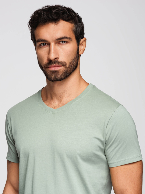 Ombre Clothing Moško bombažno majico BASIC z V izrezom - siva-zelena/bela/bež V14 OM-TSBS-0281 Ombre Clothing