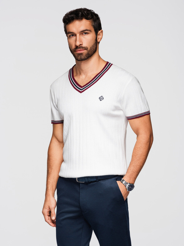 Ombre Clothing Moško viskozno majico z V izrezom - bela V1 OM-TSCT-0266 Ombre Clothing