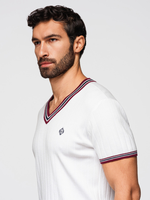 Ombre Clothing Moško viskozno majico z V izrezom - bela V1 OM-TSCT-0266 Ombre Clothing