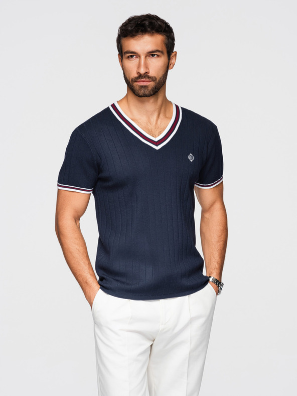 Ombre Clothing Moško viskozno majico s pitoninskim izrezom - temno modra V2 OM-TSCT-0266 Ombre Clothing