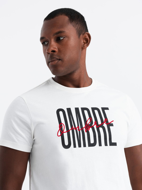 Ombre Clothing Moško bombažno majico z dvojnim logotipom - bela V1 S2041 Ombre Clothing