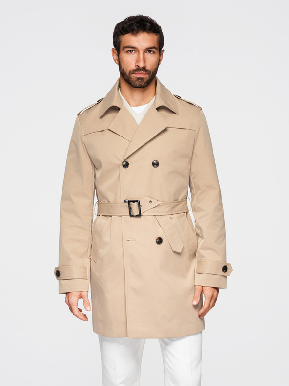 Ombre Clothing Elegantna moška dvojna vrstna jakna SLIM FIT s pasom - bež V1 OM-COLC-0146 Ombre Clothing